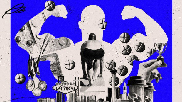 A graphic in blue, grey and oatmeal showing a swimmer, pills, Las Vegas sign and a bulked up silhouette