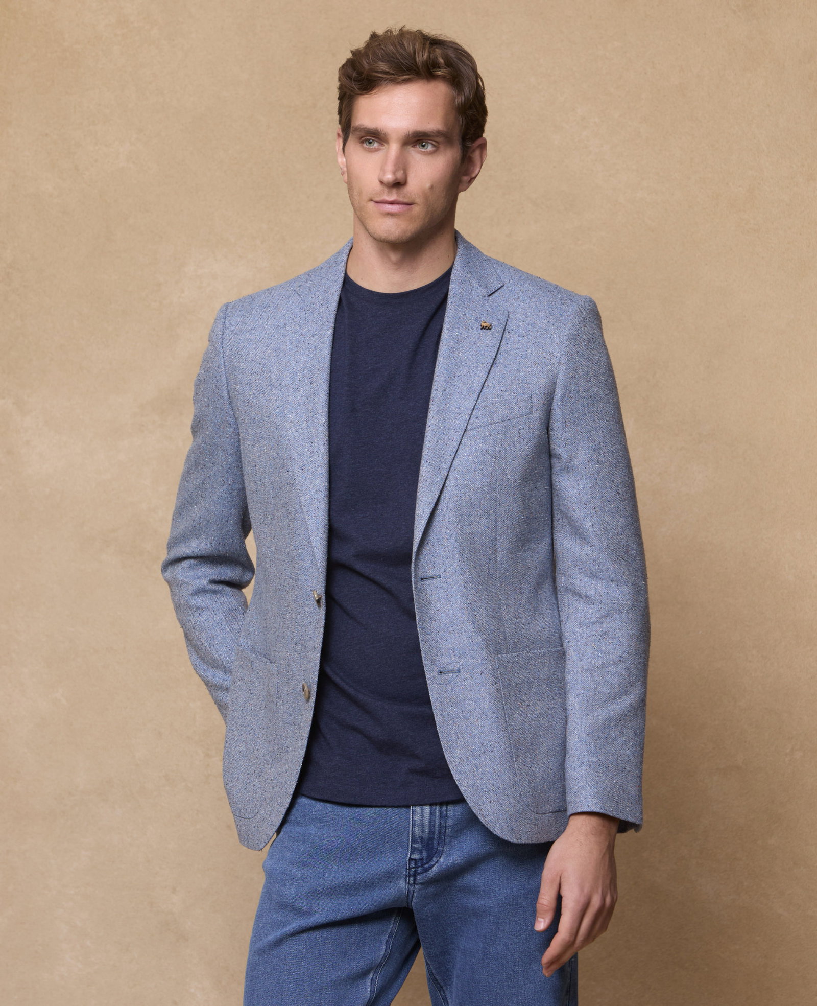 Image of Listowel Silk/Cotton Blazer - Blue Donegal Summer Tweed 