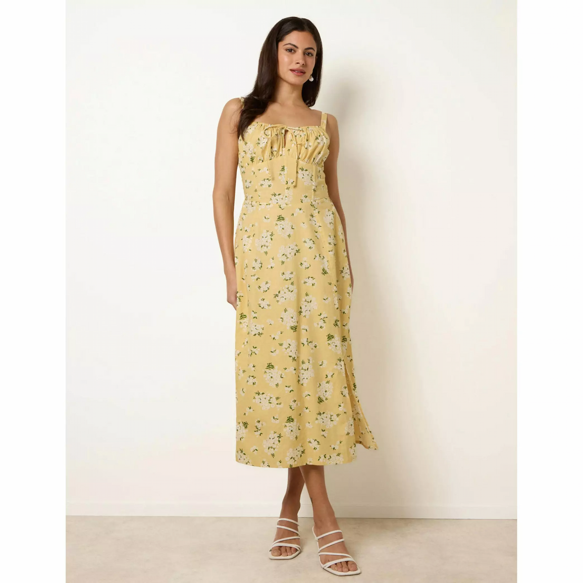 Blue Vanilla Midi Milkmaid Floral Dress in Yellow