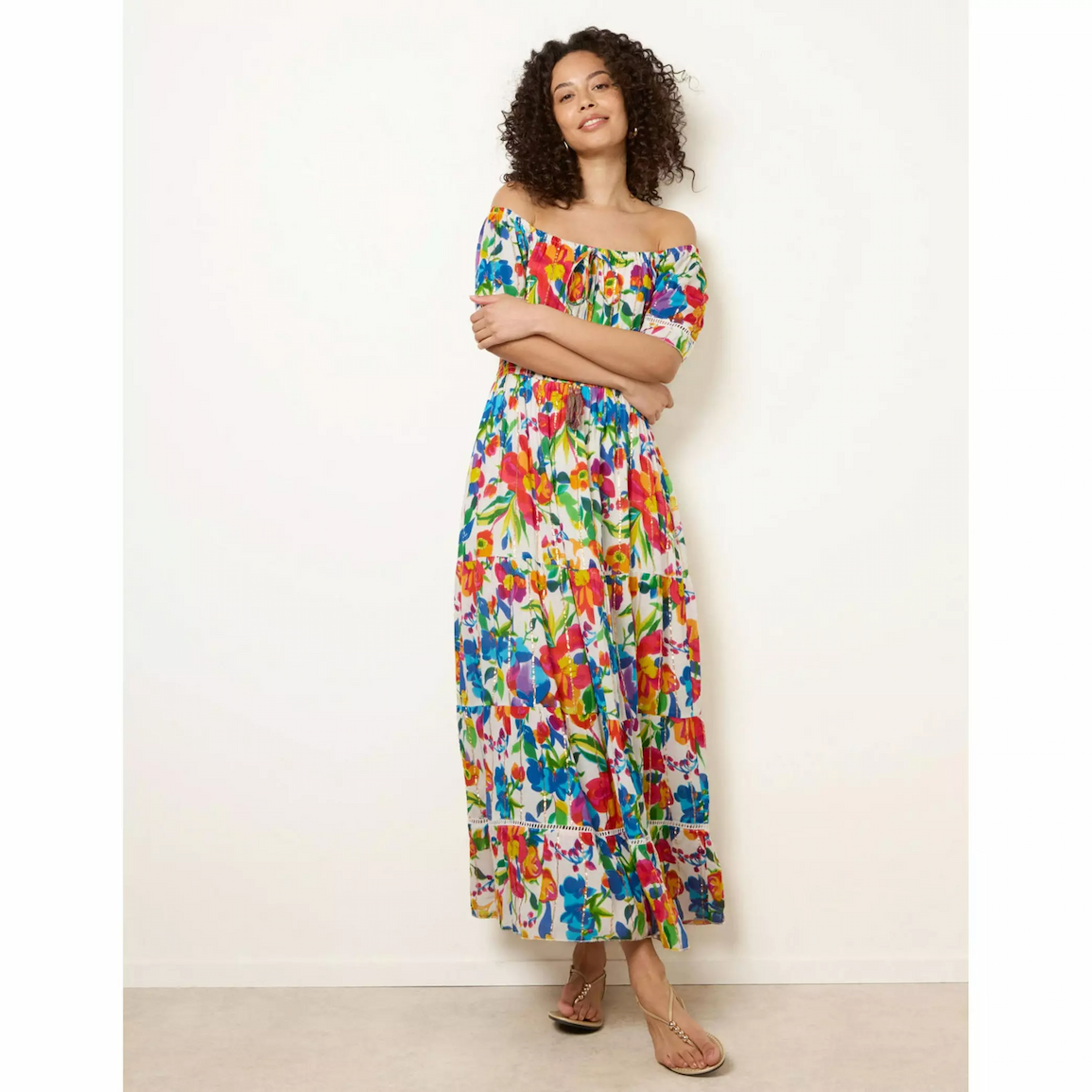 Blue Vanilla Bardot Tassel Tie Tiered Maxi Dress in Multicolour