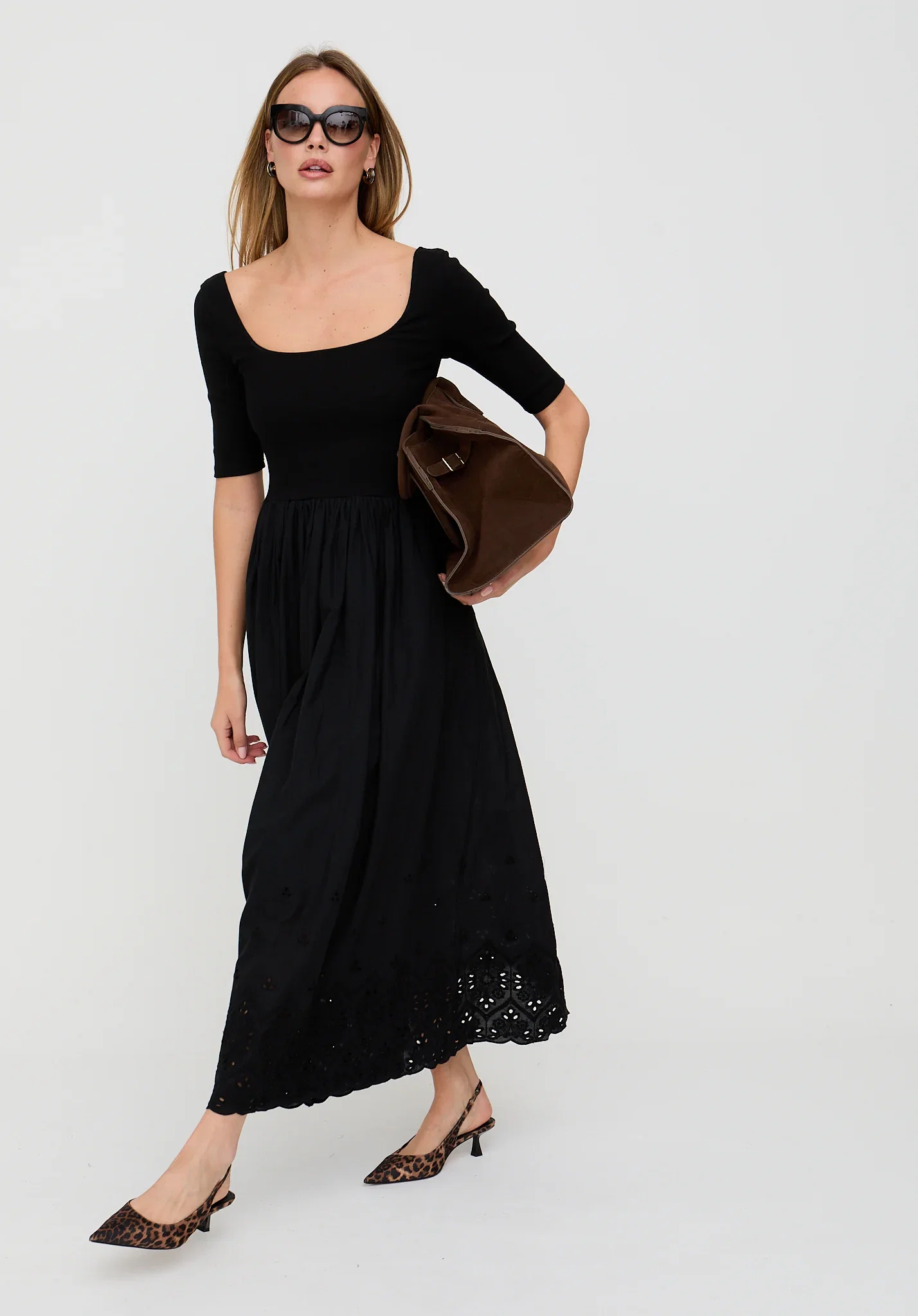 Image of Sydney Short Sleeve Jersey Bodice Embroidered Midi Dress In Black