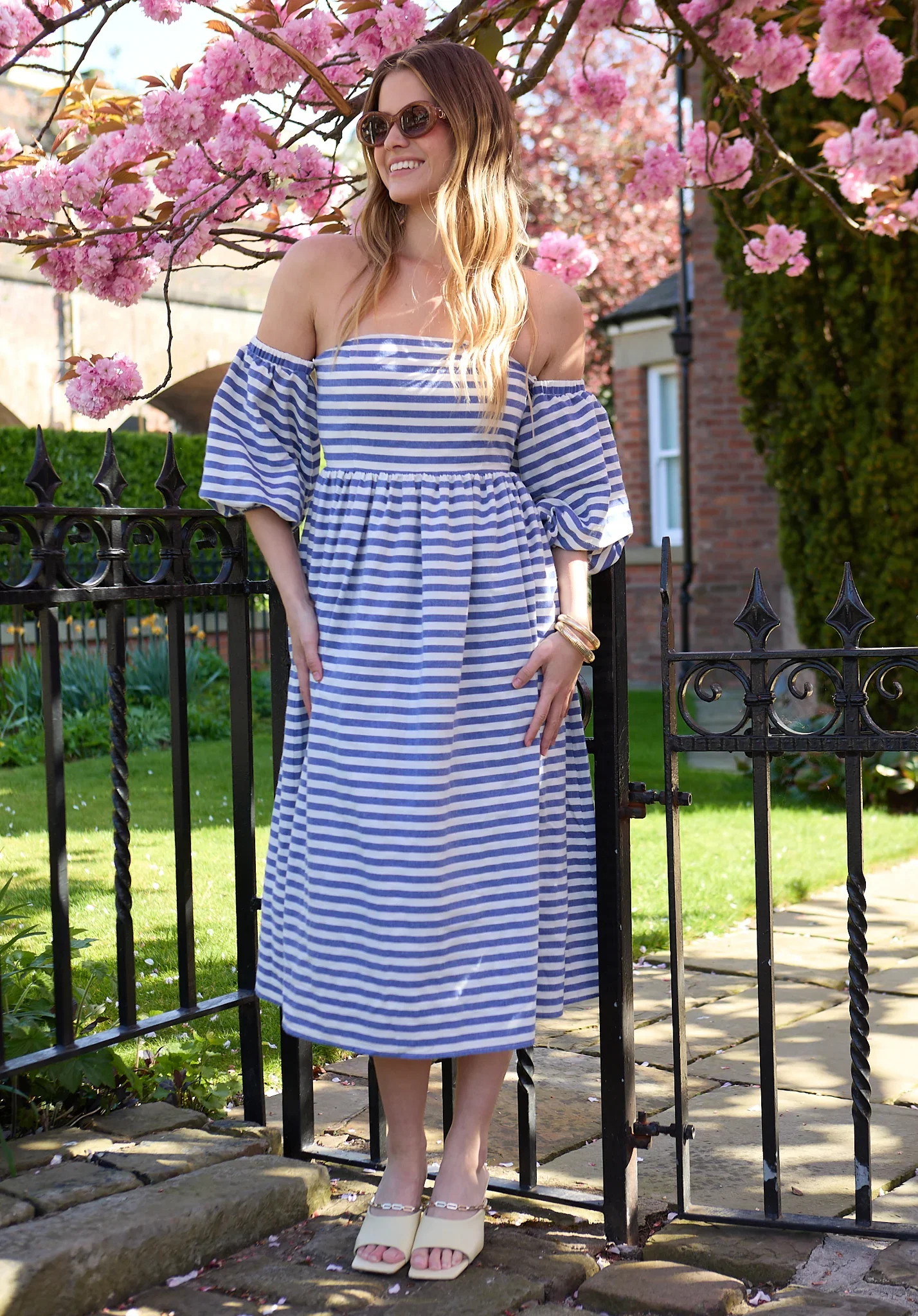 Image of Sara Stripe Bardot Midi Dress In Blue