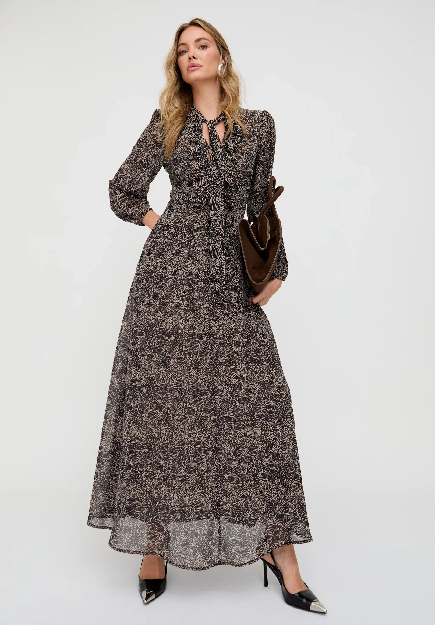 Image of Margot Ruffle Neck Mini Leopard Print Maxi Dress In Brown