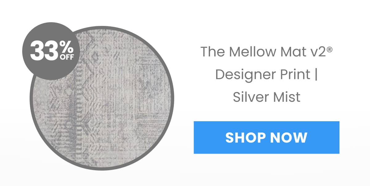 A circular graphic displays '33% OFF' in white text on a grey background, overlapping a close-up view of a textured, silver-colored mat with a geometr...