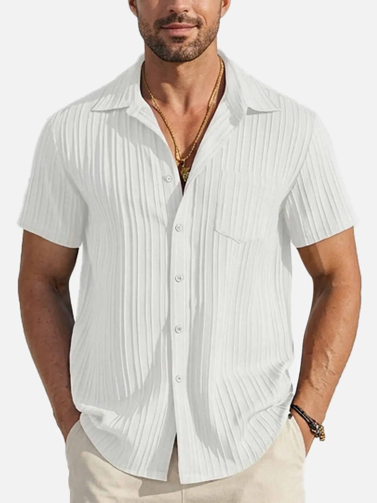 Image of Men's Textured Short Sleeve Button-Up Shirt
