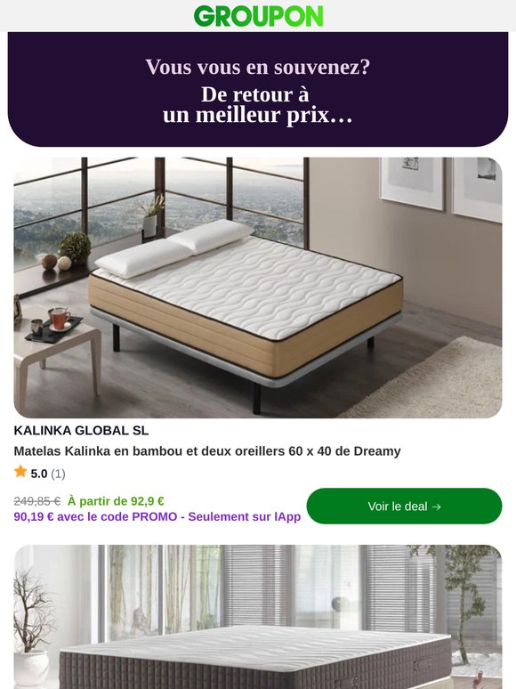 Matelas Kalinka en bambou et deux oreillers 60 x 40 de Dreamy est maintenant moins cher! Découvrez-le.