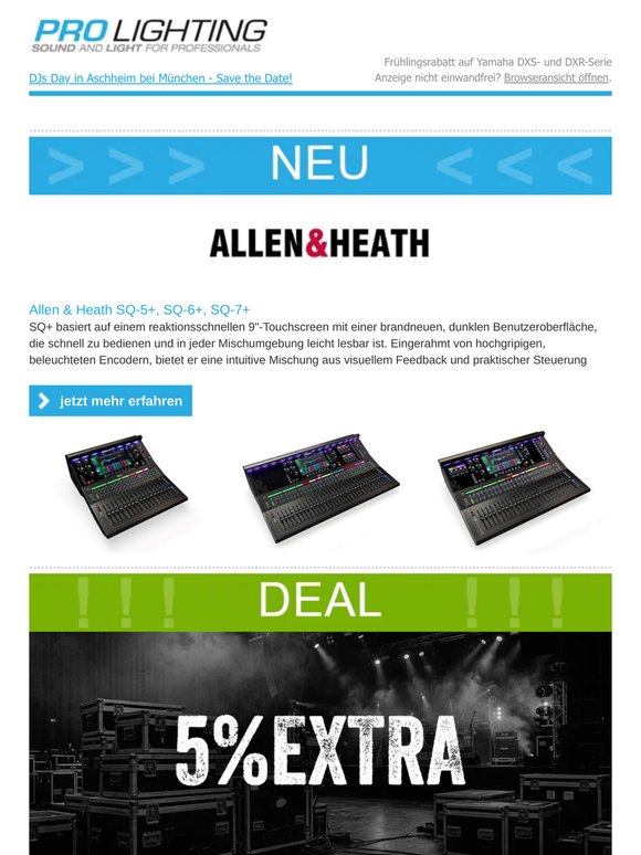 NEU: Allen&Heath SQ+ | Save the Date: DJs Day am 15.07.2026 | 5% Extra - Aktion auf ausgewählte Artikel