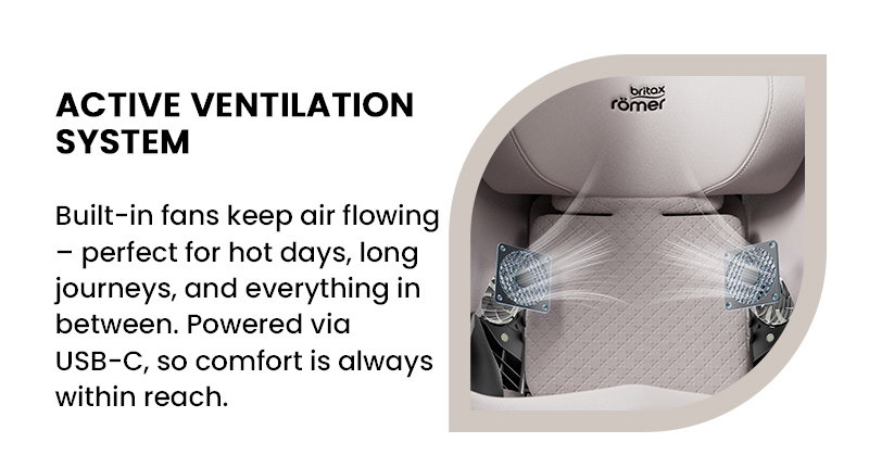 ACTIVE VENTILATION SYSTEM Built-in fans keep air flowing – perfect for hot days, long journeys, and everything in between. Powered via USB-C, so comfort is always within reach.