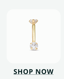 A gold curved barbell with a round stone setting at one end & faceted stone at the other. Click here to shop now