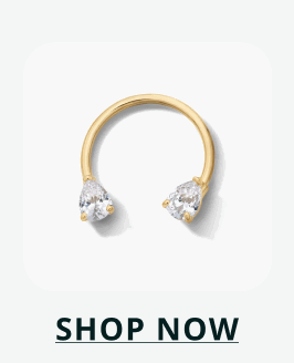 A gold horseshoe barbell featuring a pear-shaped stone setting at each end. Click here to shop now