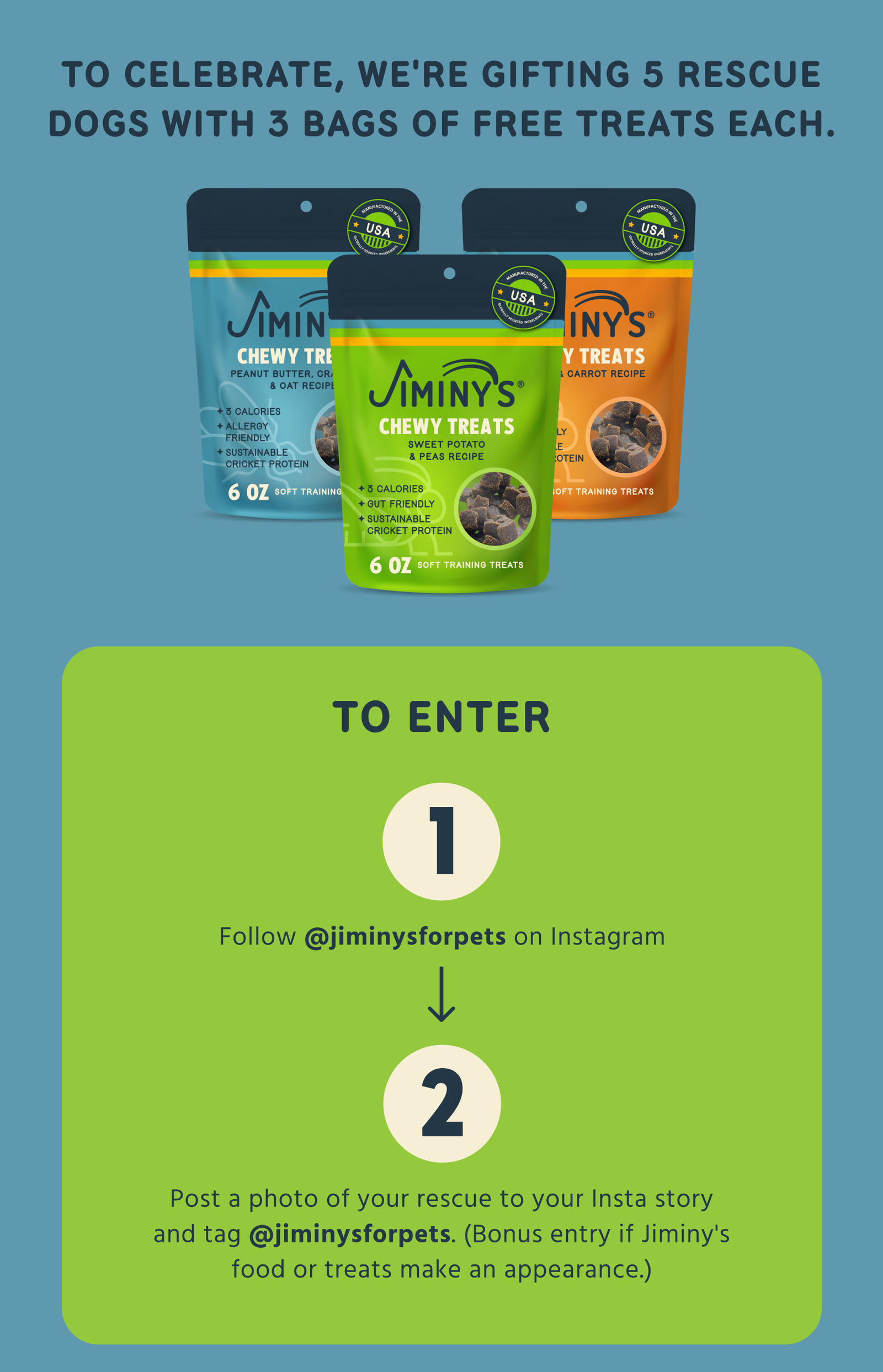 TO CELEBRATE, WE'RE GIFTING 5 RESCUE DOGS WITH 3 BAGS OF FREE TREATS EACH. TO ENTER 1. Follow @jiminysforpets on Instagram 2. Post a photo of your rescue to your Insta story and tag @jiminysforpets. (Bonus entry if Jiminy's food or treats make an appearance.) 