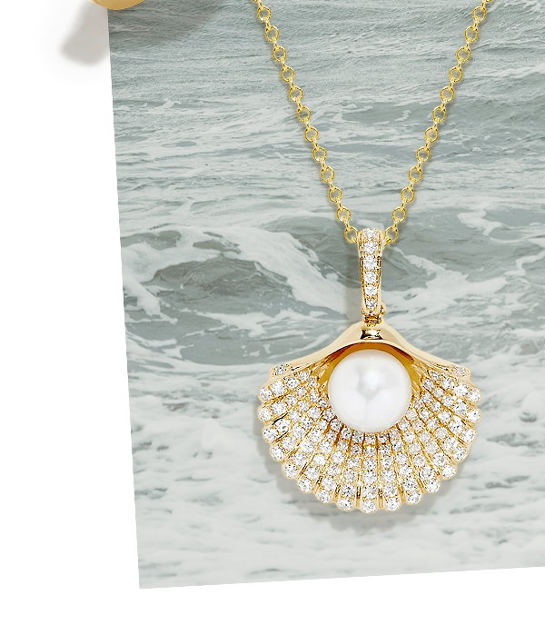 14K Yellow Gold Pearl and Diamond Shell Necklace
