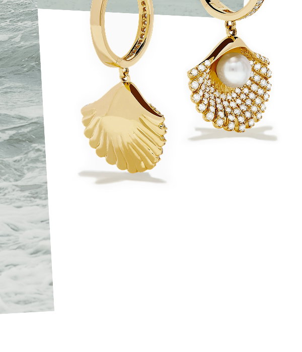 14K Yellow Gold Cultured Pearl and Diamond Shell Earrings