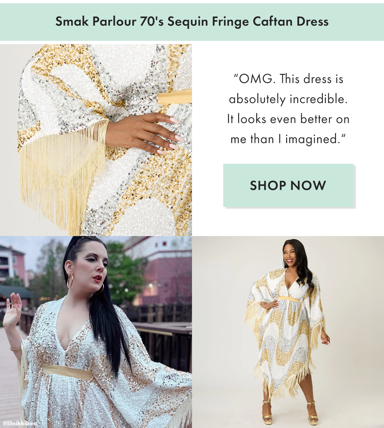 Smak Parlour 1970's White & Gold Sequin Fringe Caftan Dress
