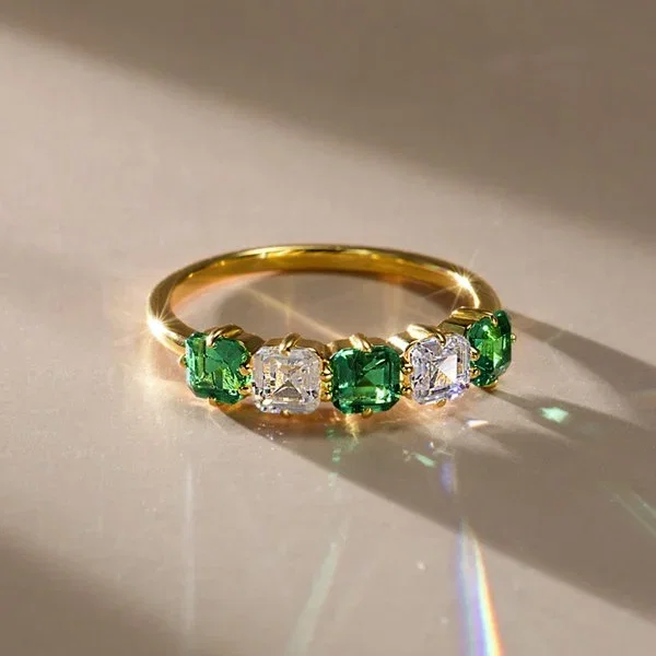 Five Stone Asscher Cut Green Emerald Half Eternity Wedding Band For Women