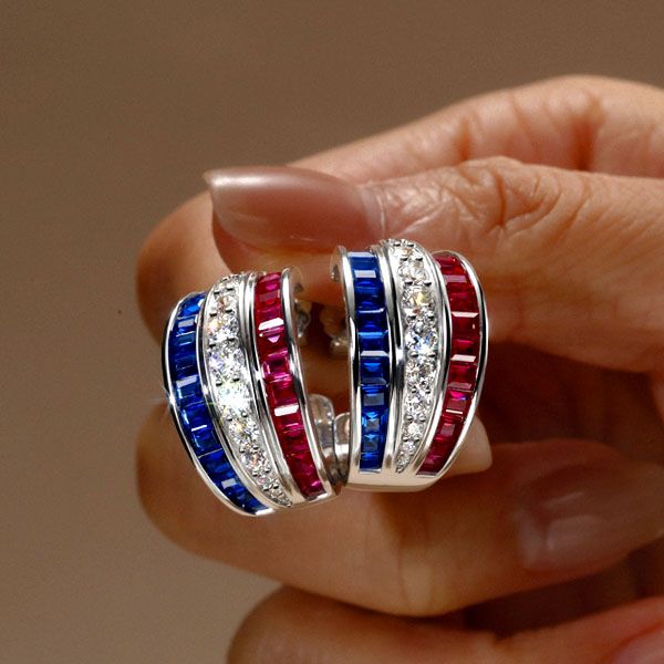 Italo Triple Row Blue Sapphire Ruby Hoop Earring For Women