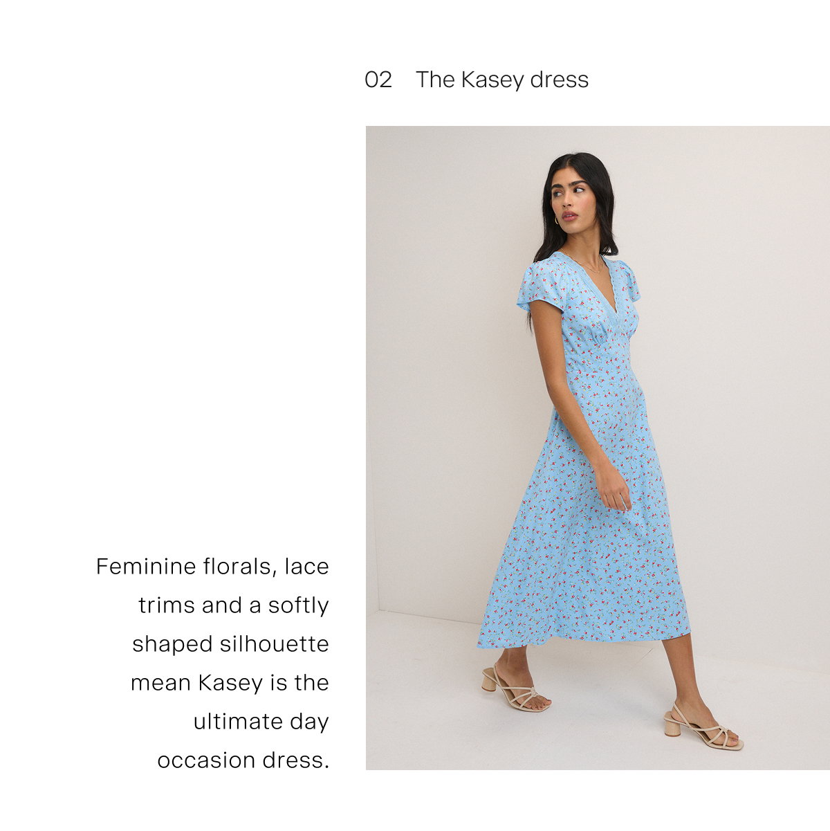 Blue Floral Lace Trim Kacey Midi Dress