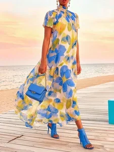 Image of Vacation Floral Printing Mock Neck Maxi Dress