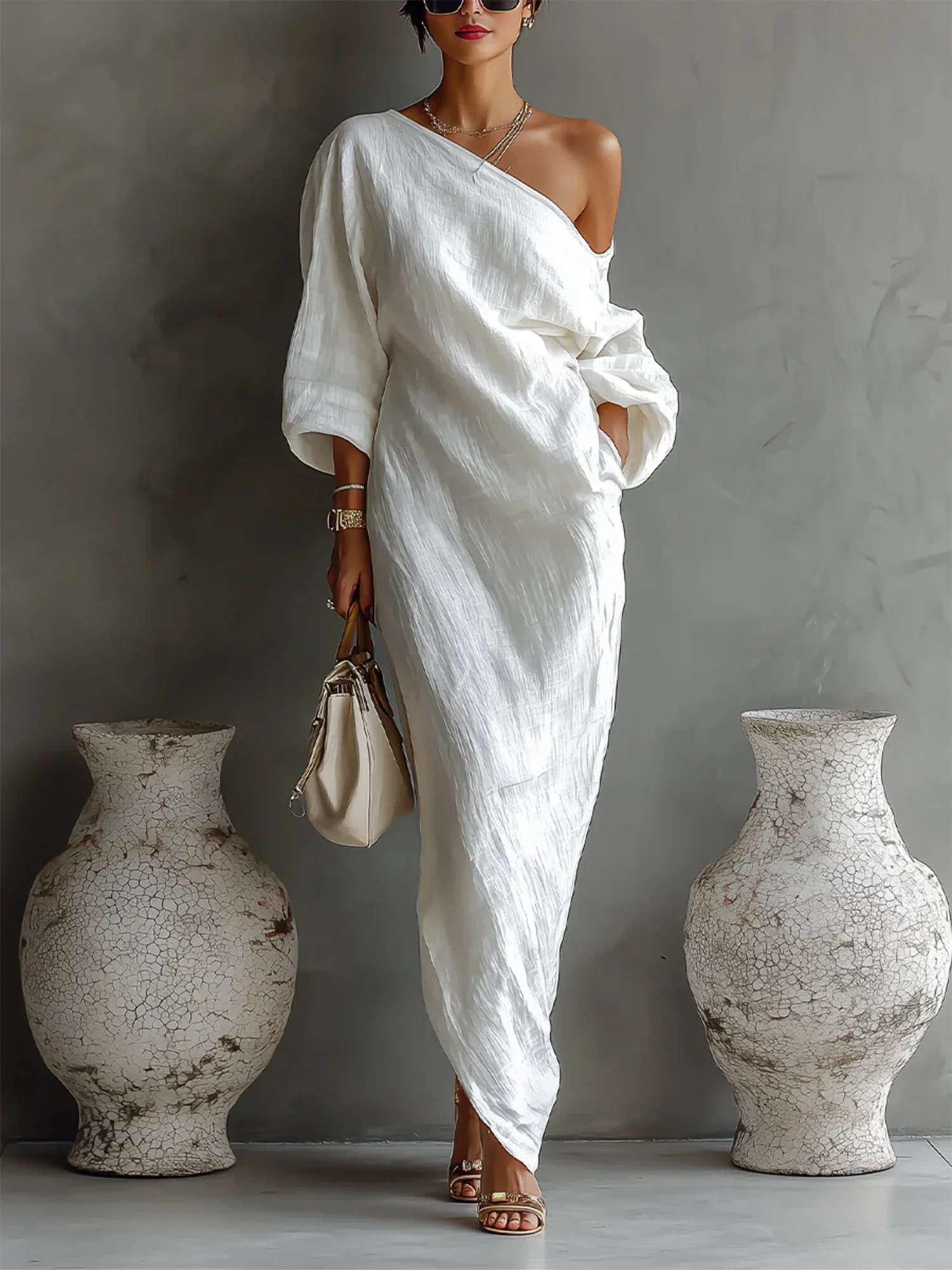 Image of Casual Cotton Linen Maxi Dress Asymmetrical H-Line