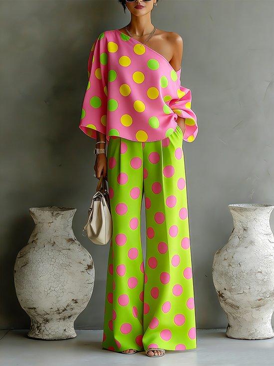 Image of Vacation Polka Dots Printing Asymmetrical Blouse