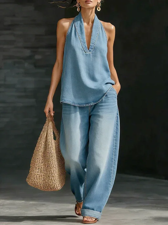 Image of Casual Denim Halter Top Sleeveless Deep V-Neck Loose Summer Blouse
