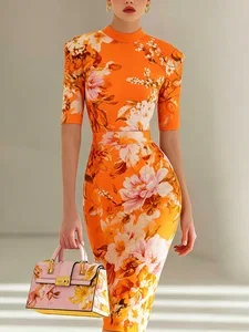 Image of Elegant Floral Printing Mock Neck Midi Dress