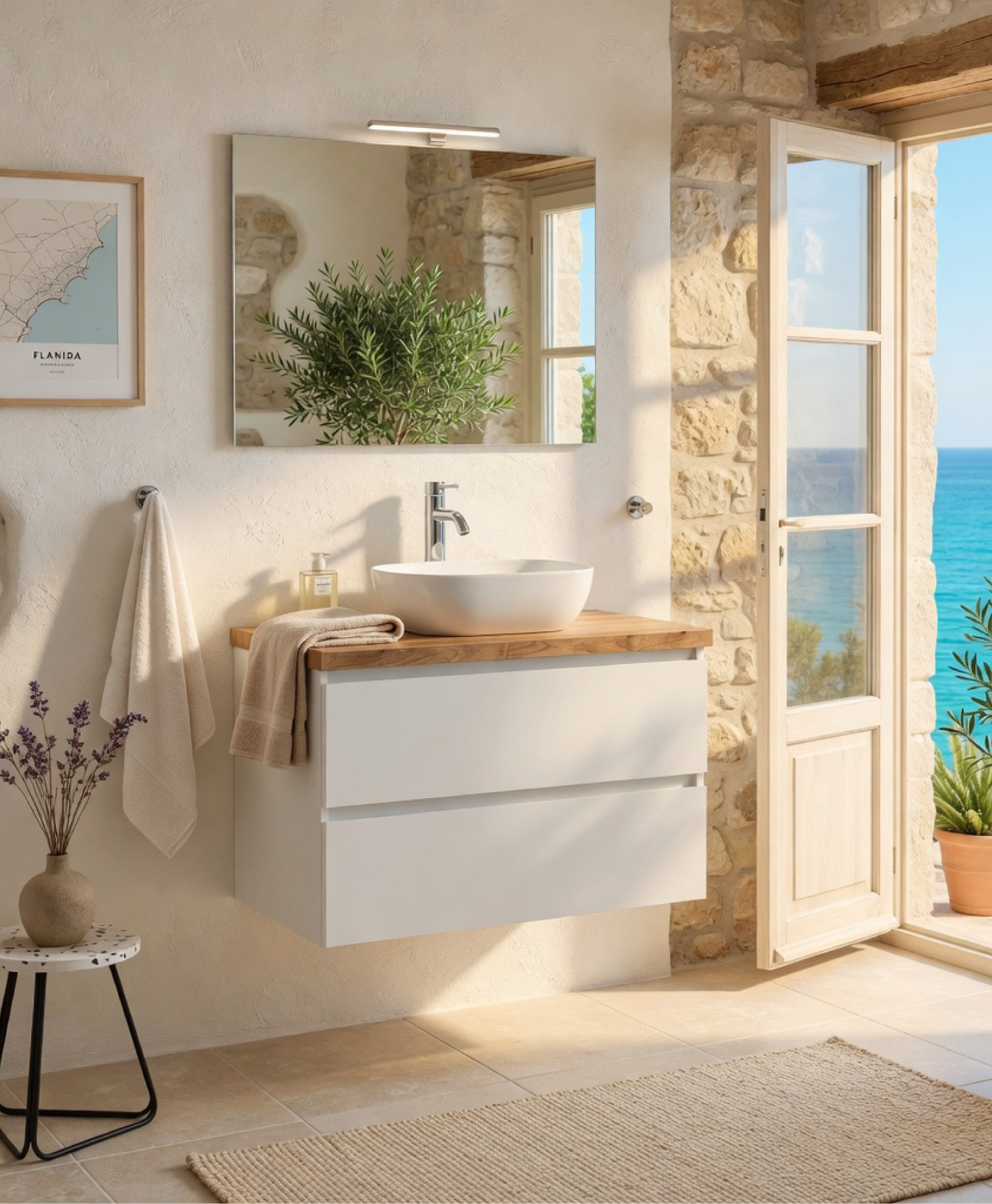 Mobile bagno sospeso 80cm bianco export, top rovere naturale, specchio e lampada | Berlin