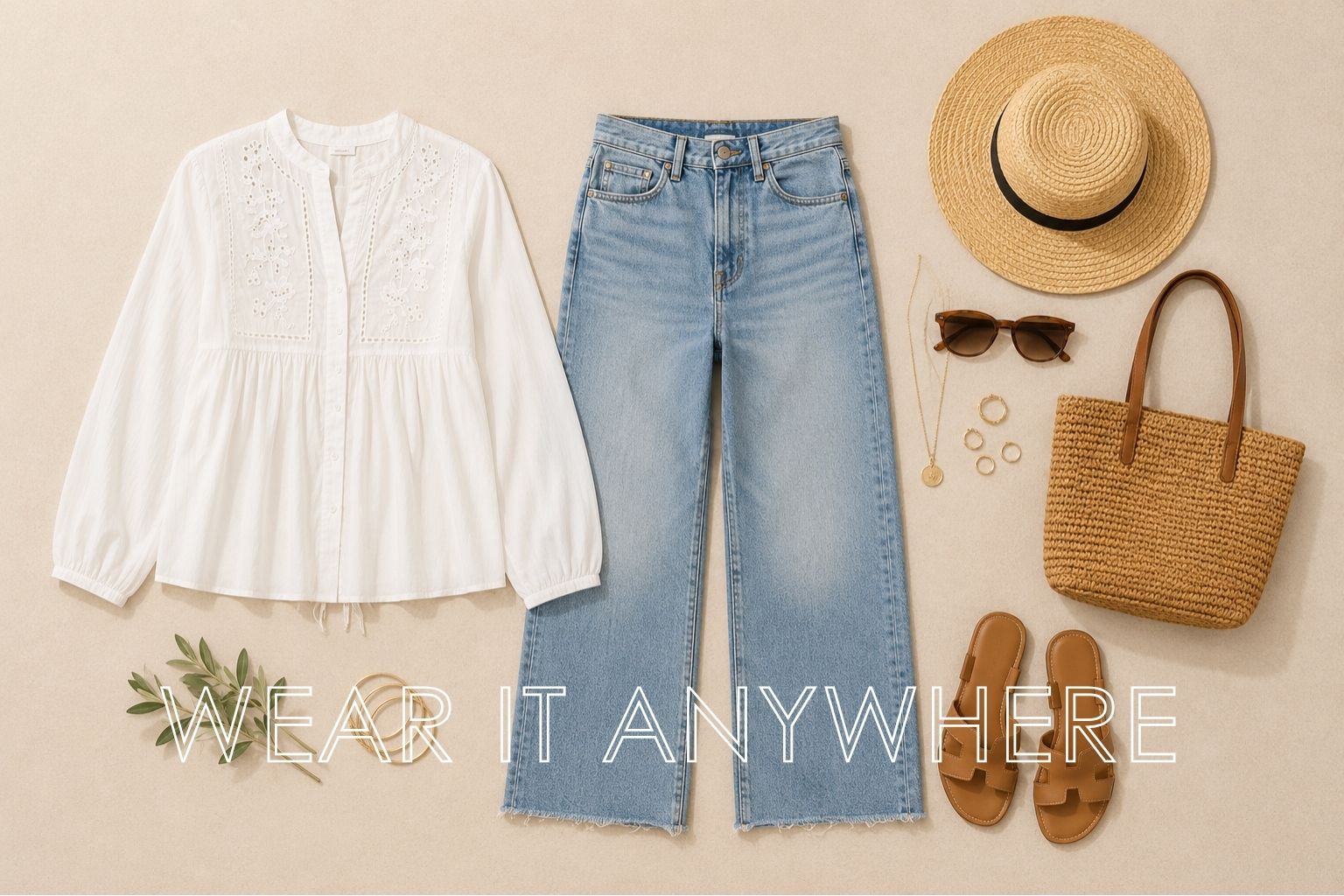 denim / white pant / resort styling—whatever looks strongest