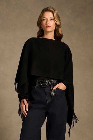 Shop The Fringed Poncho - Black