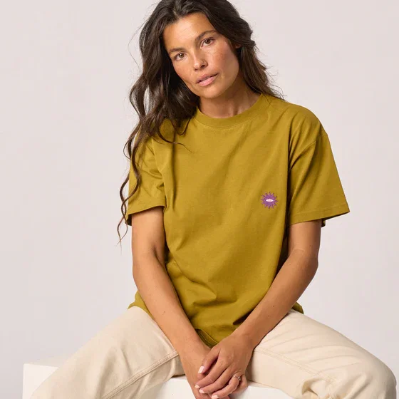 T-shirt femme en 100% coton bio - Vert olive, broderie soleil