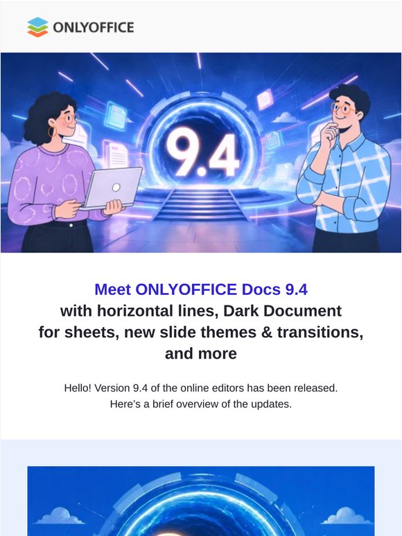 Meet ONLYOFFICE Docs 9.4 with horizontal lines, Dark Document for sheets, new slide themes and transitions, and more