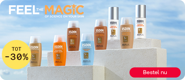 ISDIN zonbescherming tot -30% met SPF producten, knop “Bestel nu”.