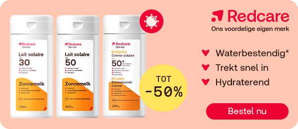 Redcare zonneproducten SPF 30 en 50 met tot 50% voordeel, knop “Bestel nu”.