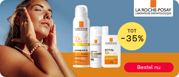 La Roche-Posay zonbescherming tot -35% voor gevoelige huid, knop “Bestel nu”.