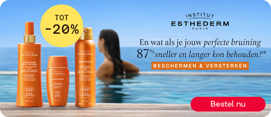 Esthederm zonbescherming tot -20% met gratis micellair water, knop “Bestel nu”.