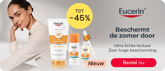 Eucerin Sun Oil Control SPF 50 tot -45%, knop “Bestel nu”.