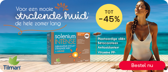 Solenium Intense supplement tot -45% voor stralende huid, knop “Bestel nu”.
