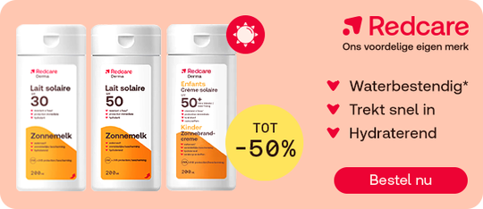 Redcare zonneproducten SPF 30 en 50 met tot 50% voordeel, knop “Bestel nu”.