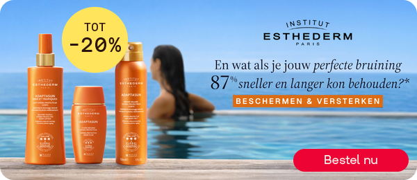 Esthederm zonbescherming tot -20% met gratis micellair water, knop “Bestel nu”.