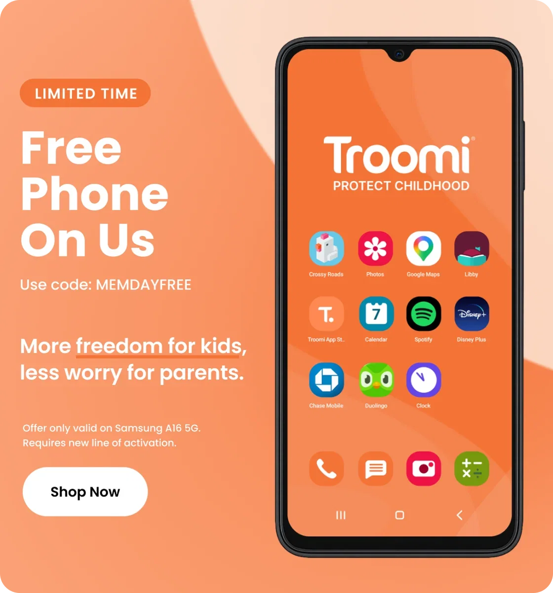 LIMITED TIME Free Phone On Us. Use code: MEMDAYFREE. More freedom for kids, less worry for parents. Offer only valid on Samsung A16 5G. Requires new line of activation. Shop Now.