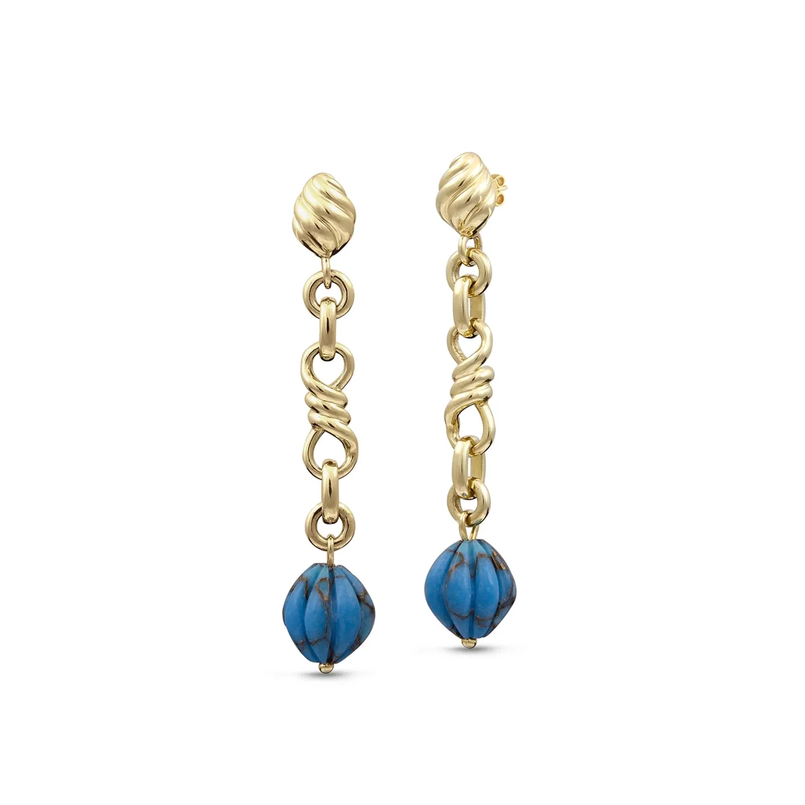 Image of Firefly Turquoise Dangle Earrings in 14K Yellow Gold Plated Sterling Silver