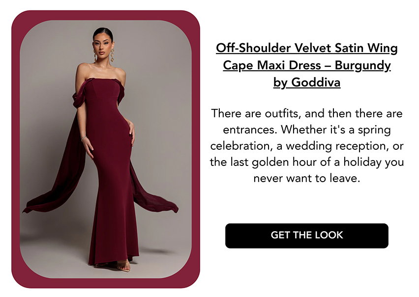 Off Shoulder Velvet Satin Wing Cape Maxi Dress - Burgundy by Goddiva