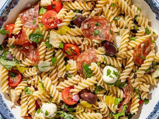 Italian pasta salad in a serving bowl.