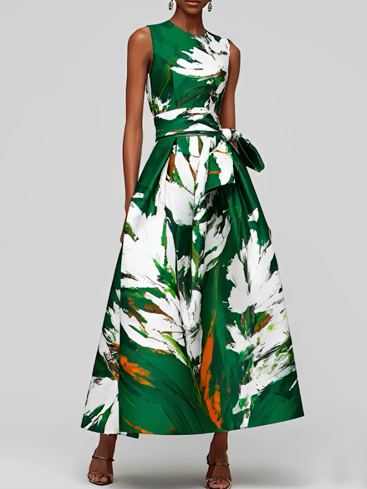 Image of Elegant Floral Crew Neck Maxi Dress With Belt