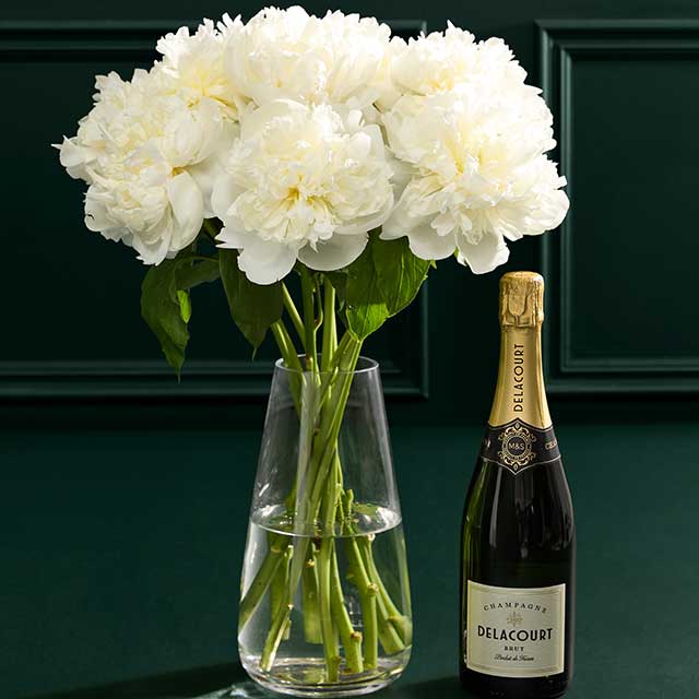 White Peonies and Delacourt Brut Champagne