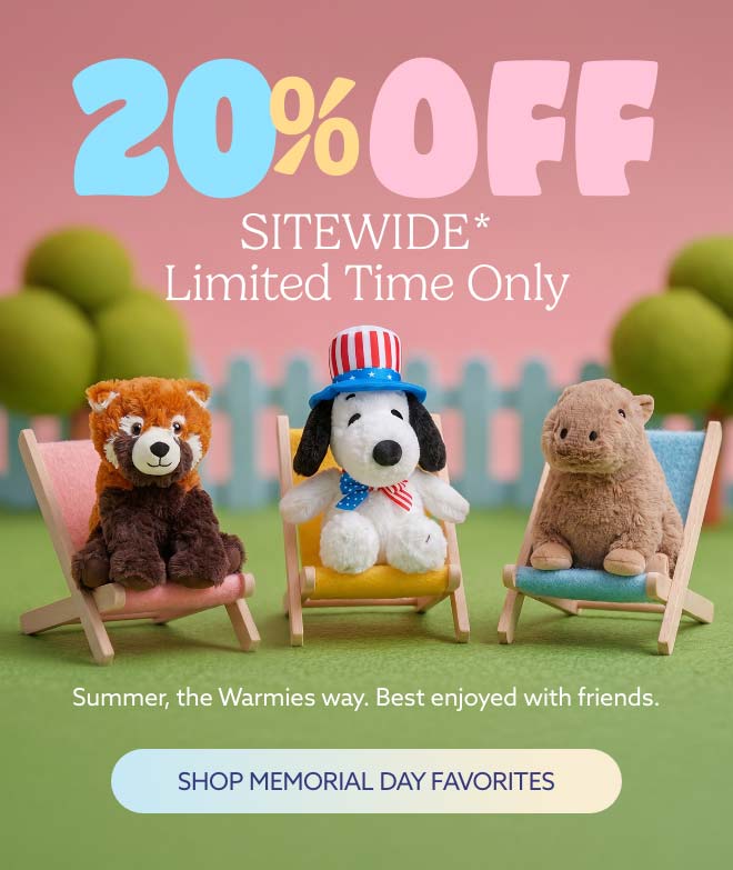 Red Panda, Americana Snoopy, and Capybara Warmies relaxing on backyard lounge chairs. Shop Memorial Day Sale.