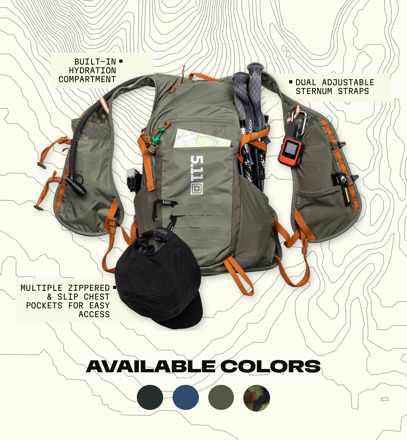 Built-in Hydration Compartment | Dual Adjustable Sternum Straps | Multiple Zippered & Slip Chest Pockets for Easy Access | 4 Available Colors