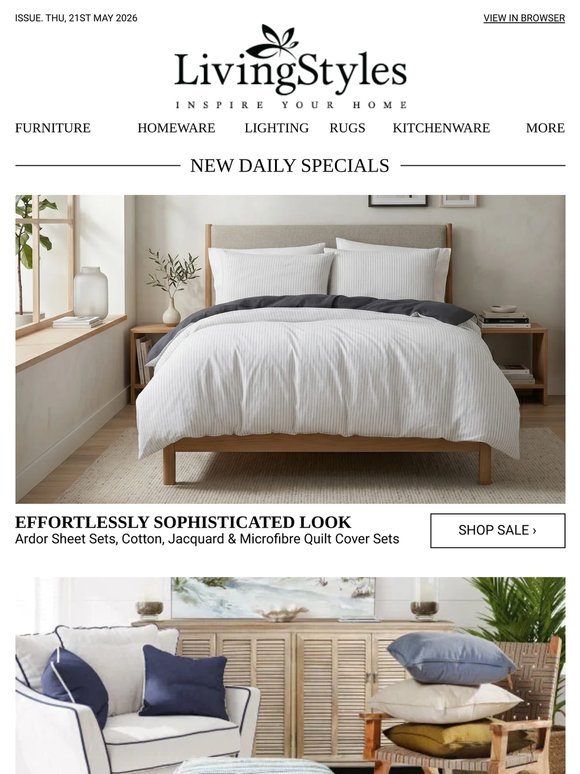 Ardor Sheet Sets, Cotton, Jacquard & Microfibre Quilt Cover Sets, Linen Scatter Cushion Covers, White Cedar Timber Chests & Vases, Fluted Oak Timber..