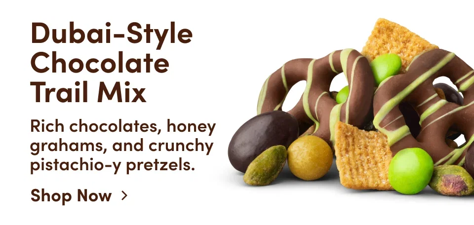 Dubai-Style Chocolate  Trail Mix. Rich chocolates, honey grahams, and crunchy pistachio-y pretzels.