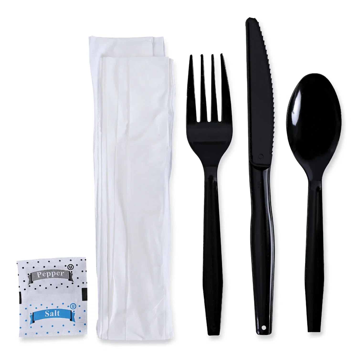 Image of Boardwalk® Six-Piece Cutlery Kit, Condiment/Fork/Knife/Napkin/Teaspoon, Black, 250/Carton (BWKFKTNSMWPSBLA)